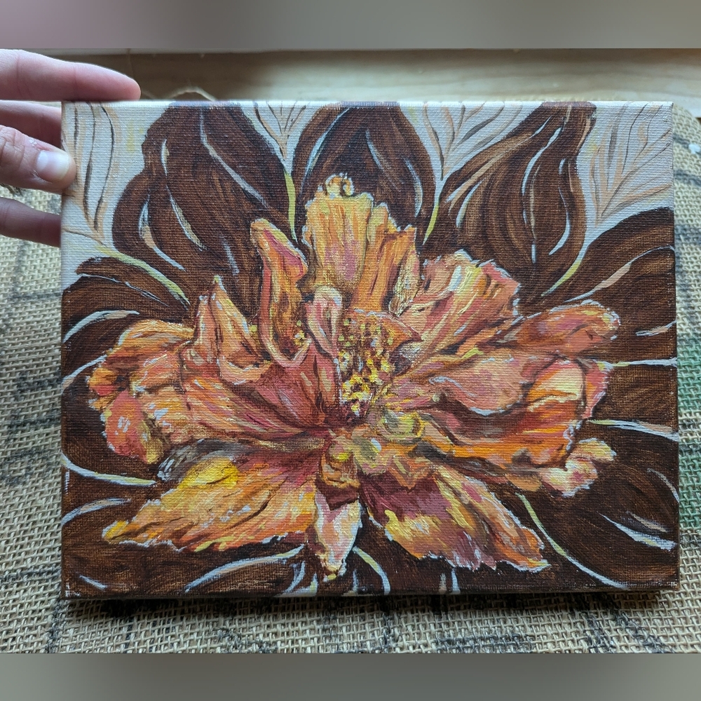 Original Hibiscus Oil Painting On Canvas Art in Brown and Orange Floral Tropical